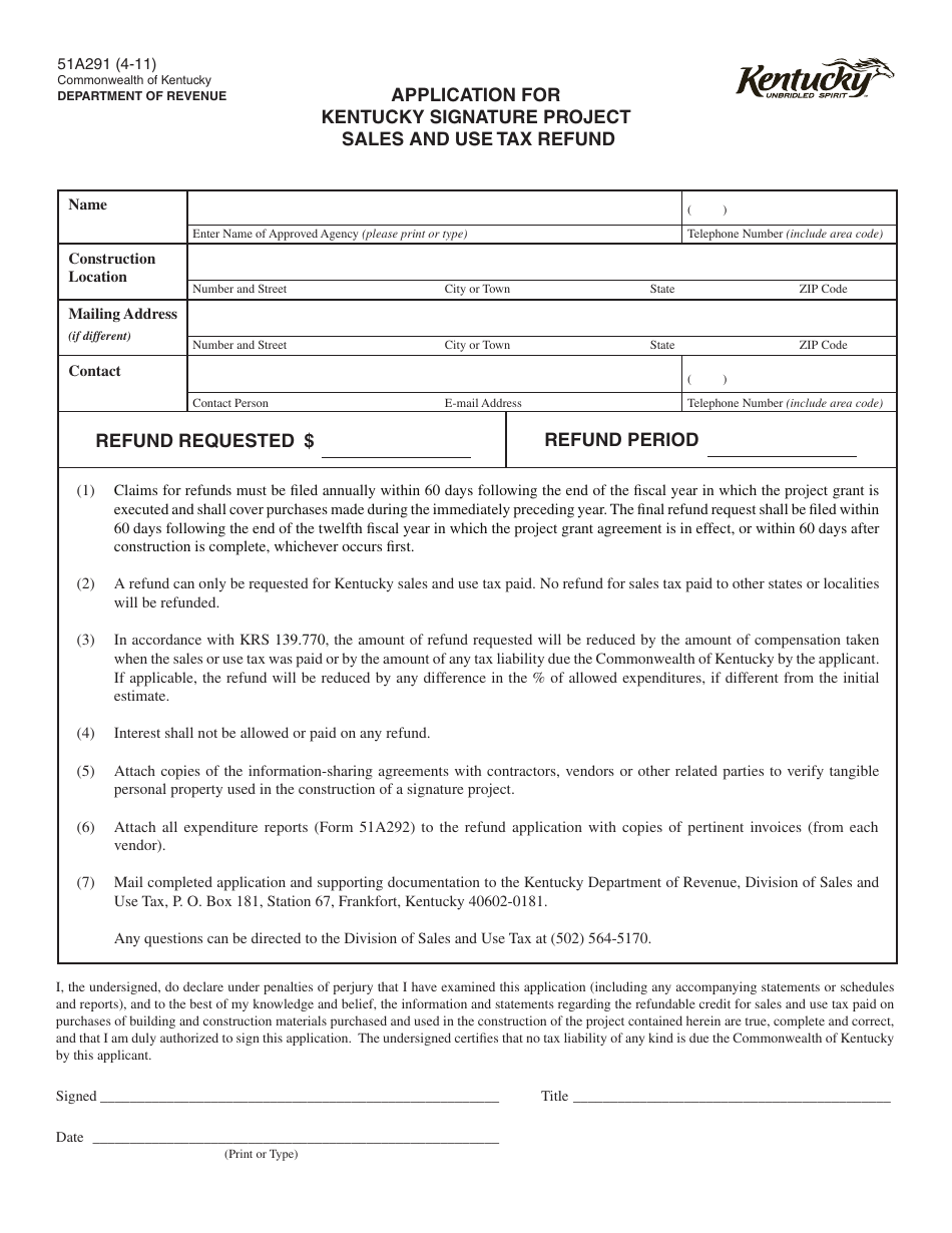 Form 51A291 Application for Kentucky Signature Project Sales and Use Tax Refund - Kentucky, Page 1