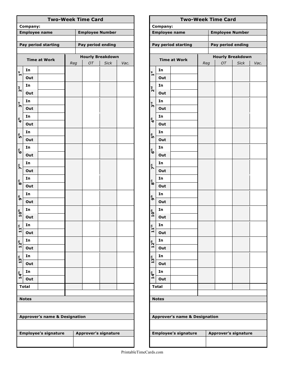 Two-Week Time Card Template - Two Per Page Preview