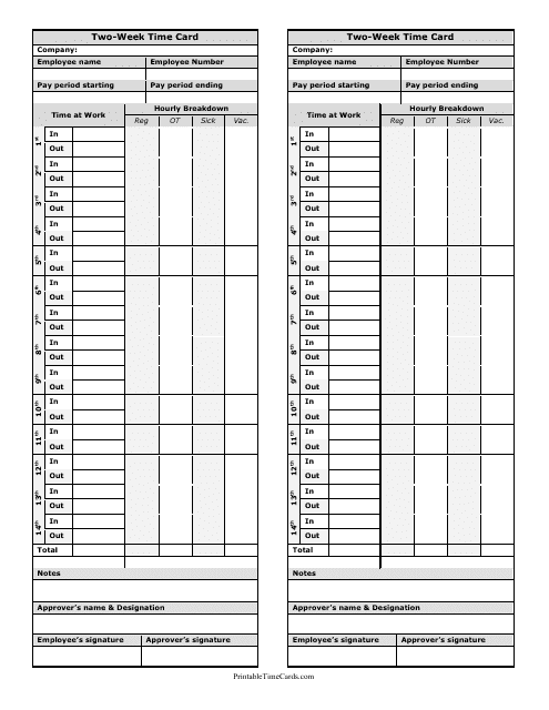 &quot;Two-Week Time Card Template - Two Per Page&quot; Download Pdf