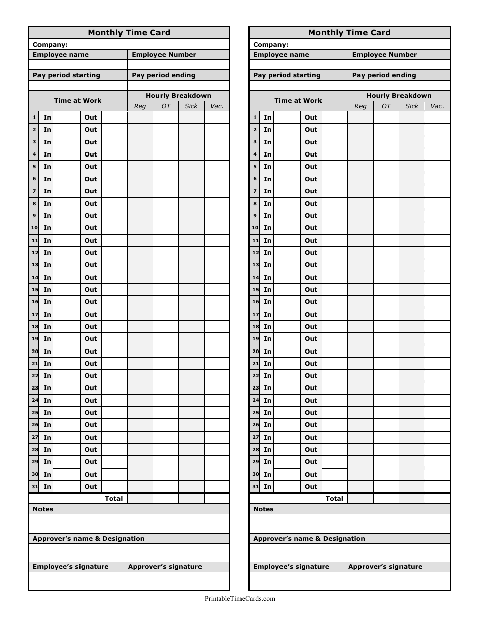 Monthly Time Cards Templates Fill Out, Sign Online and Download PDF