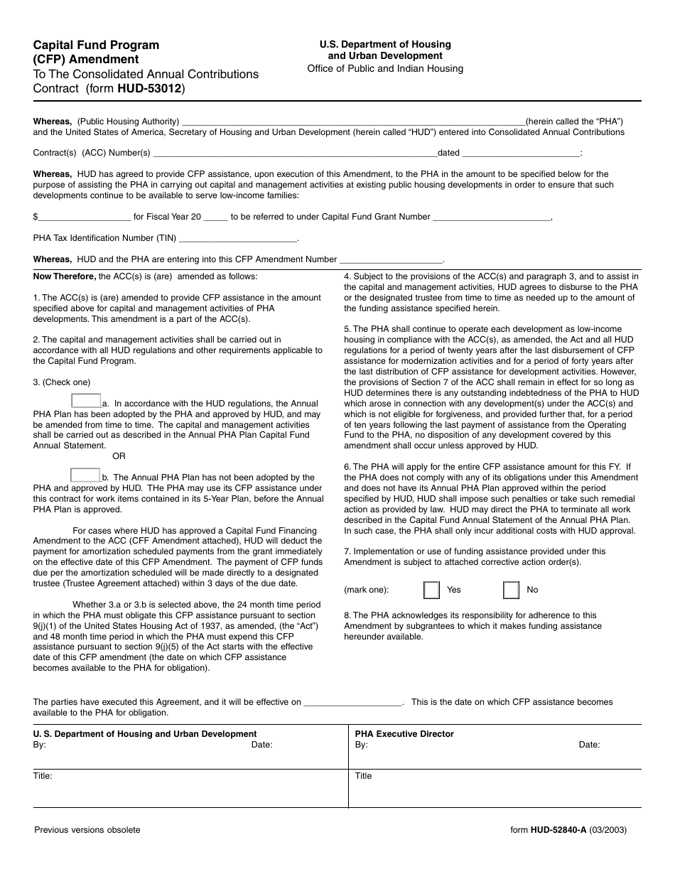 Form HUD-52840-A Capital Fund Program (Cfp) Amendment to the Consolidated Annual Contributions Contract, Page 1