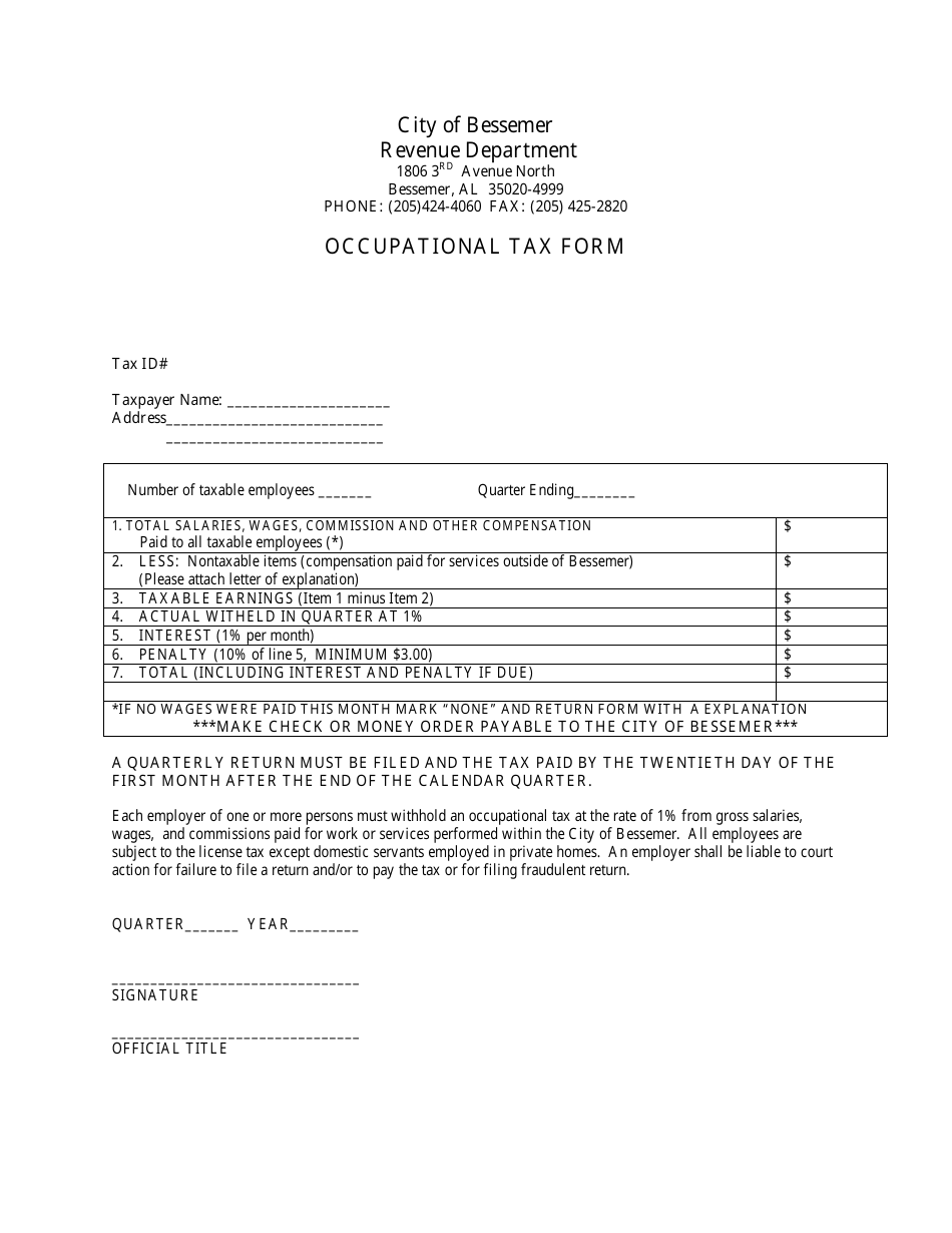 Occupational Tax Form - City of Bessemer, Alabama, Page 1