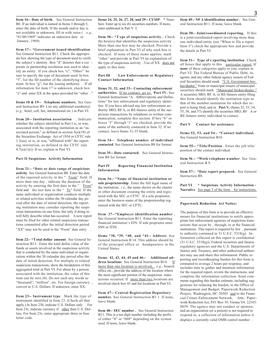 Instructions for FinCEN Form 101A Suspicious Activity Report (Sar-SF), Page 3