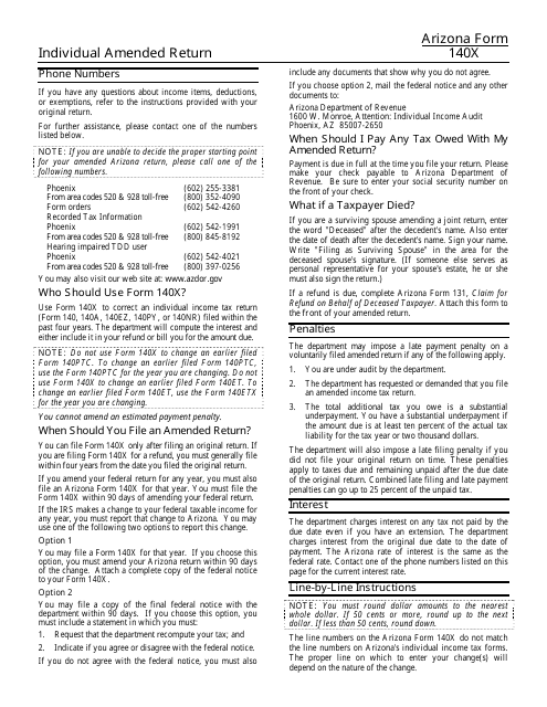 Instructions for Arizona Form 140X Individual Amended Return - Arizona