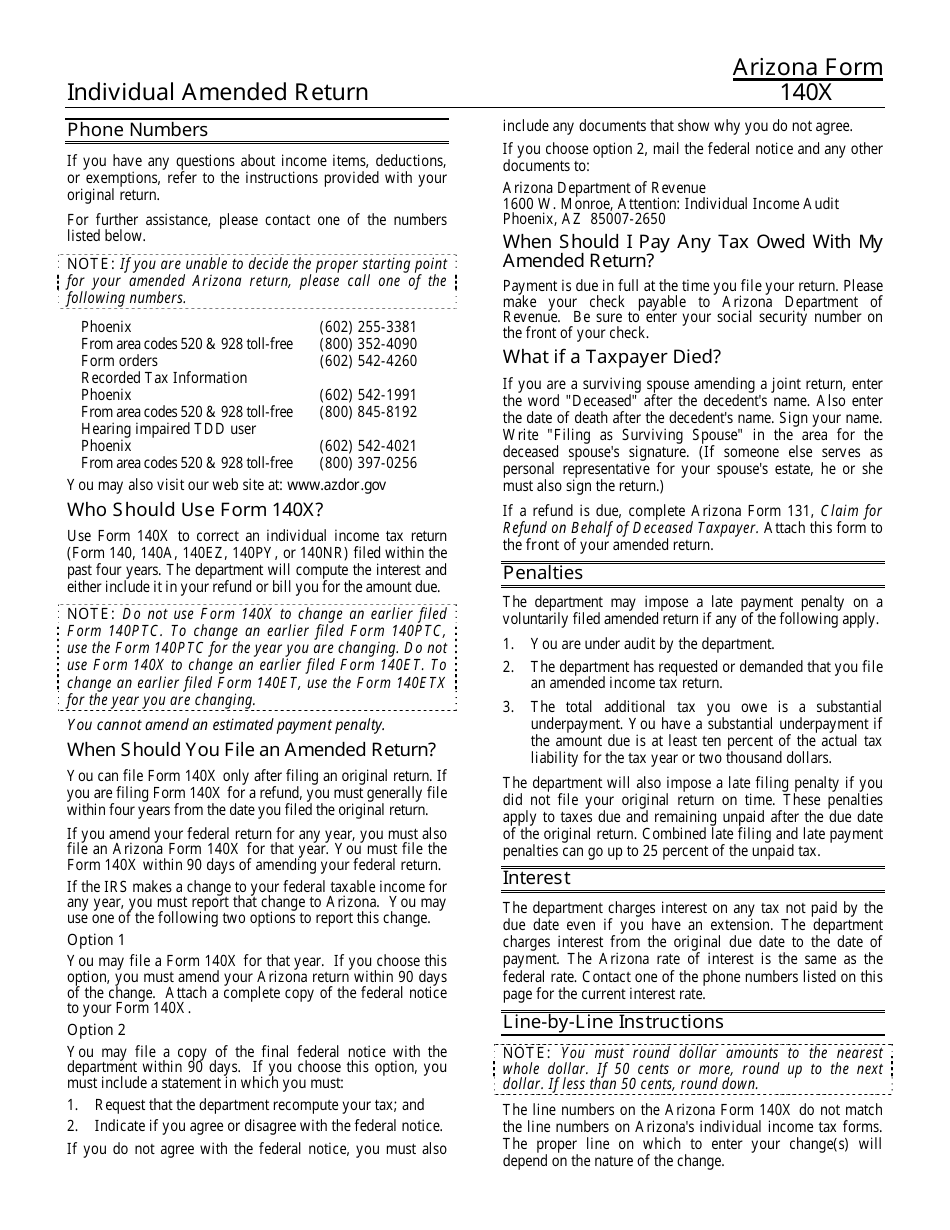 Instructions for Arizona Form 140X Individual Amended Return - Arizona, Page 1