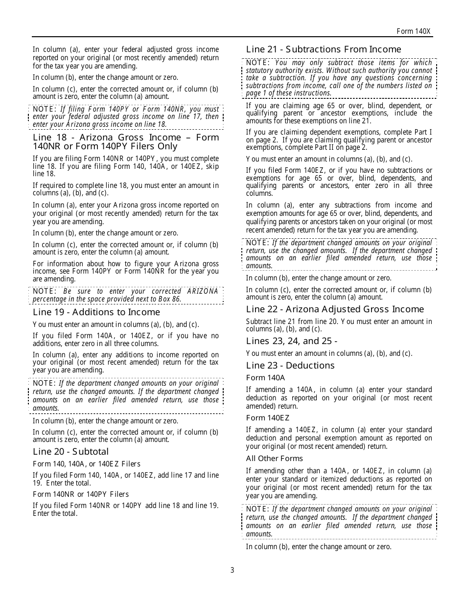 Instructions for Arizona Form 140X Individual Amended Return - Arizona, Page 3