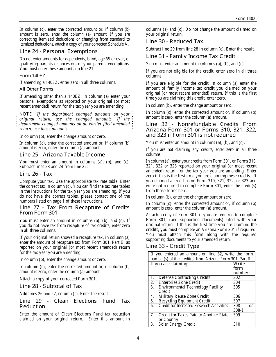 Instructions for Arizona Form 140X Individual Amended Return - Arizona, Page 4