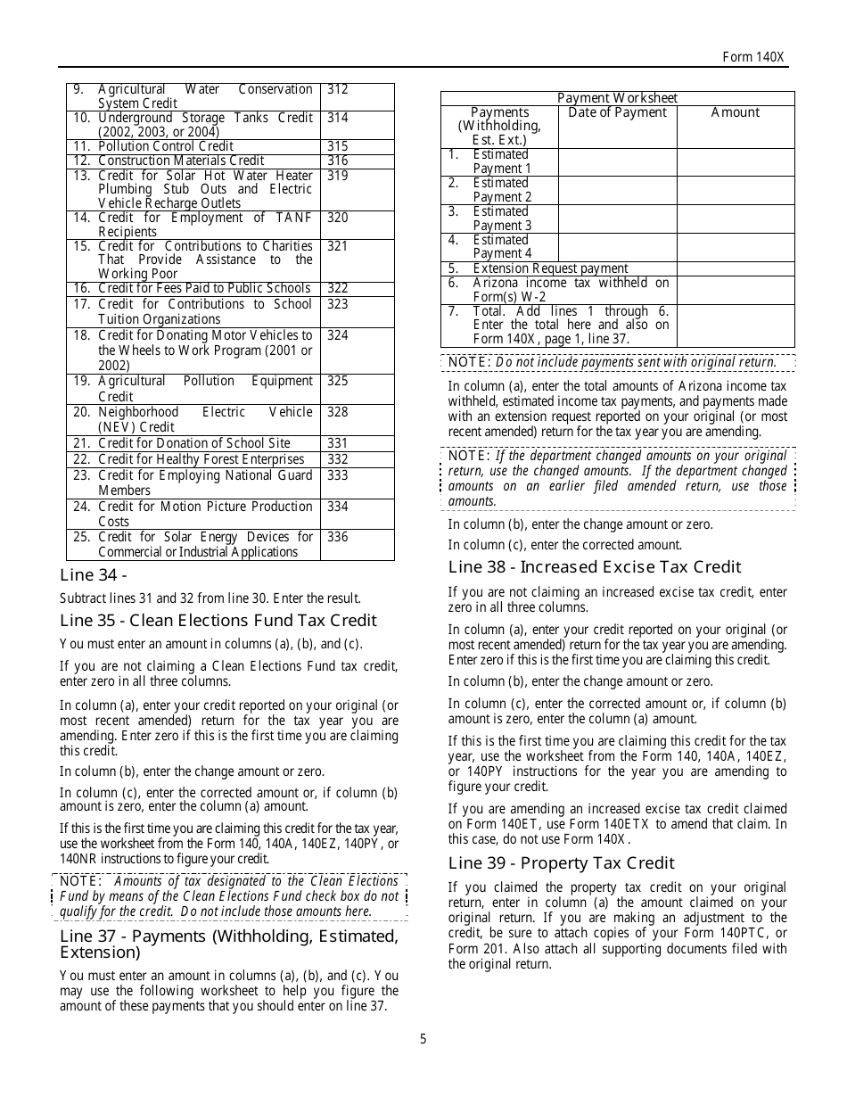 Instructions for Arizona Form 140X Individual Amended Return - Arizona, Page 5