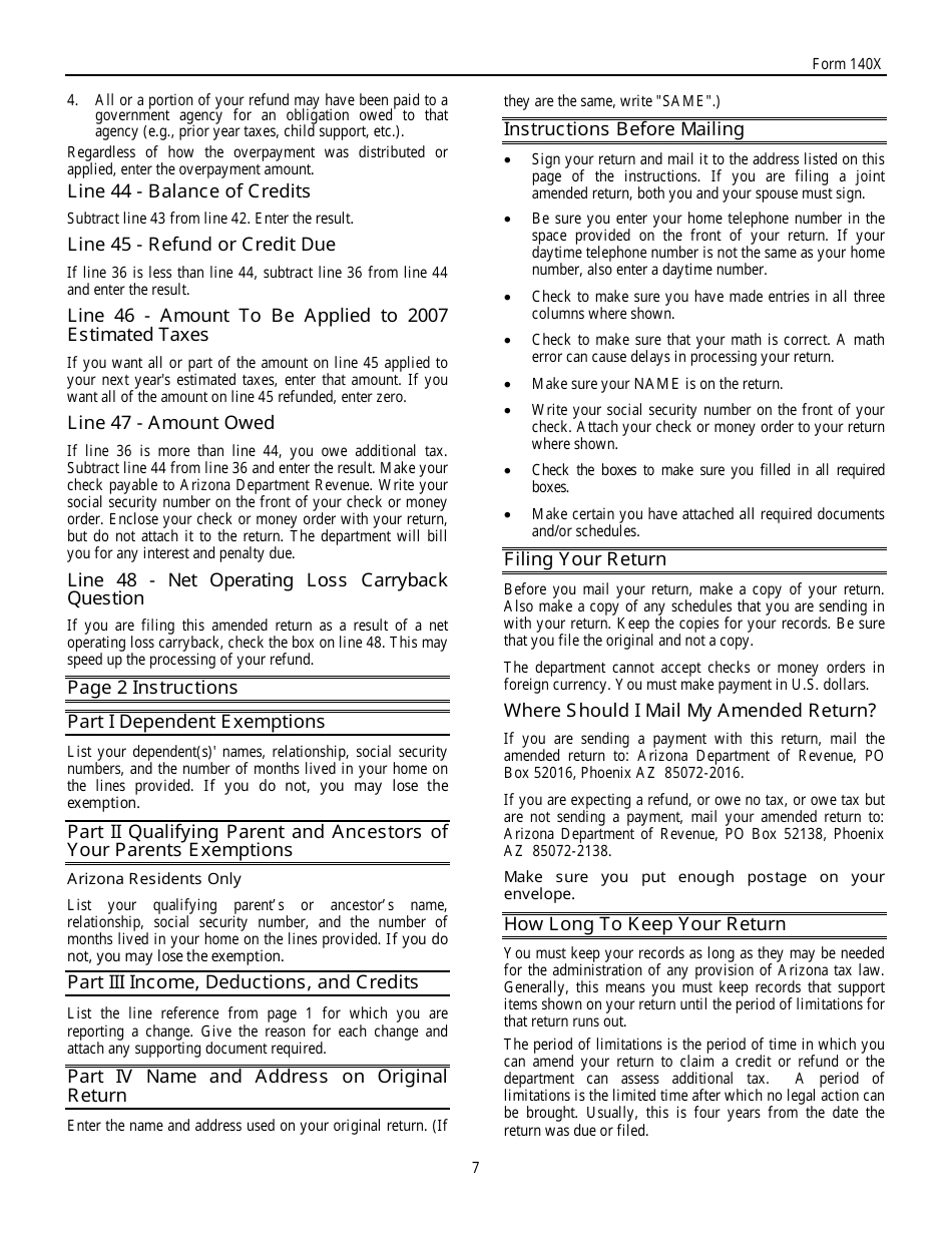 Instructions for Arizona Form 140X Individual Amended Return - Arizona, Page 7