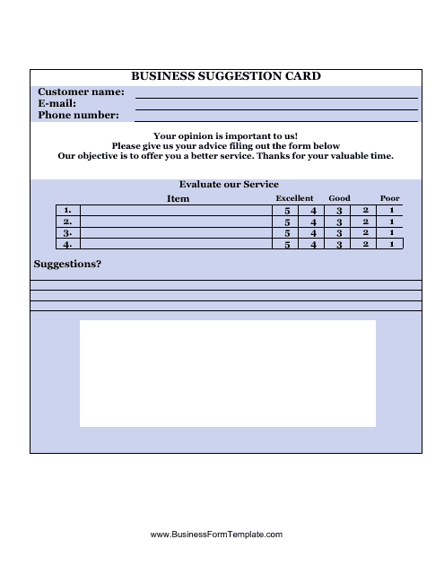 &quot;Business Suggestion Card Form&quot; Download Pdf