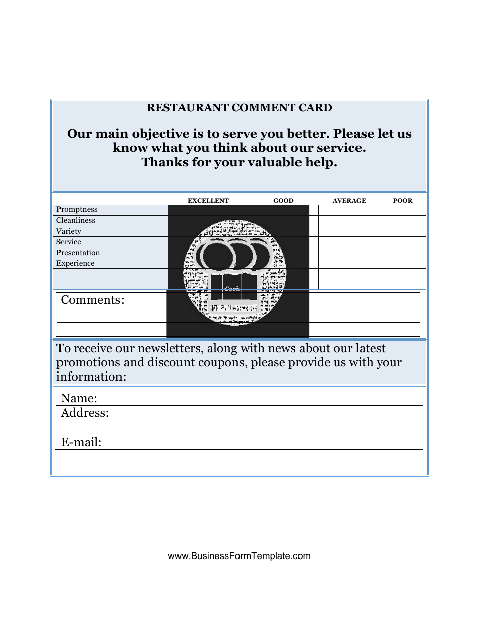 Restaurant Comment Card Form, Page 1