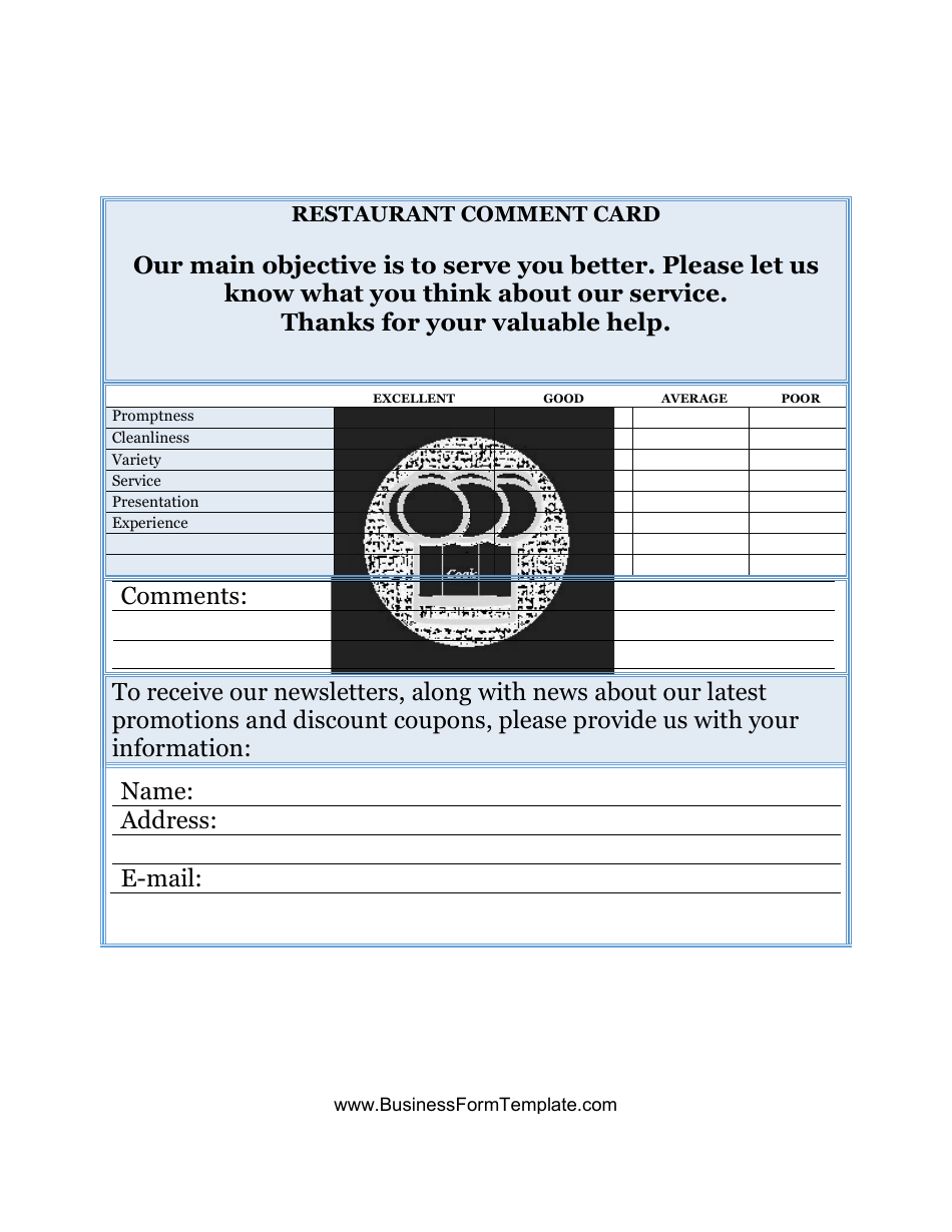 Restaurant Comment Card Form Download Printable PDF  Templateroller In Restaurant Comment Card Template