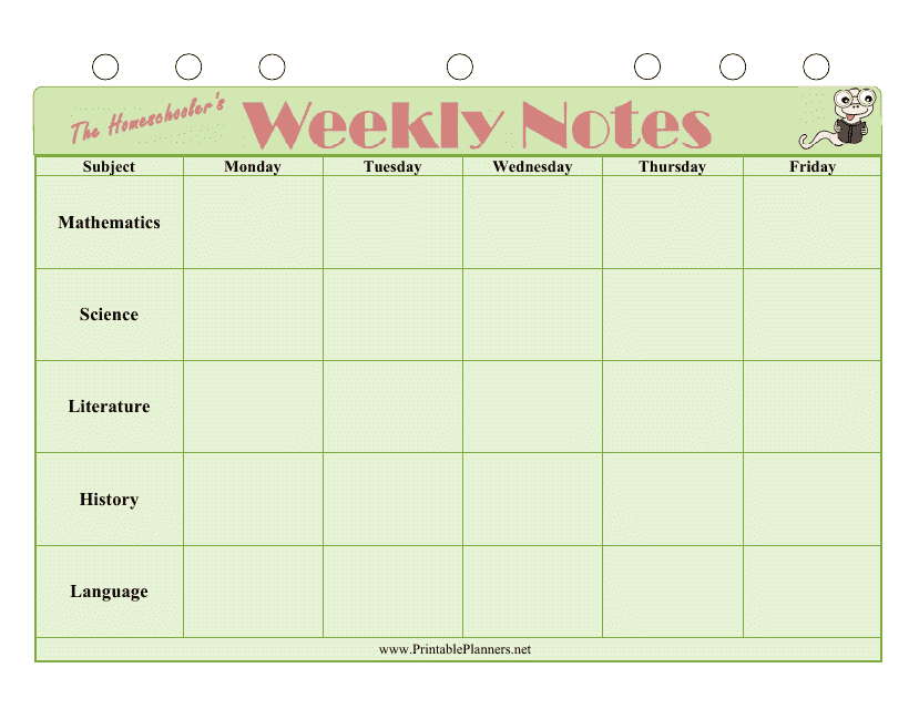 Homeschool Weekly Notes Template