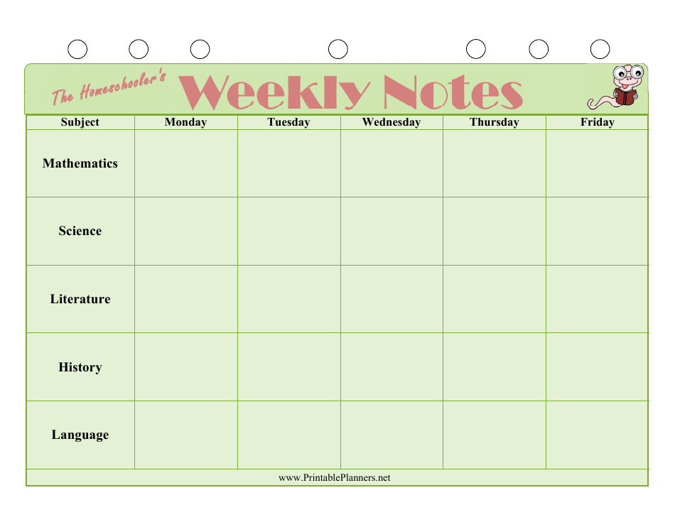 Homeschool Weekly Notes Template, Page 1