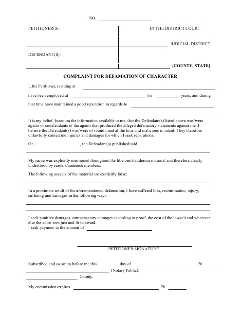 Complaint For Defamation Of Character Fill Out Sign Online And 