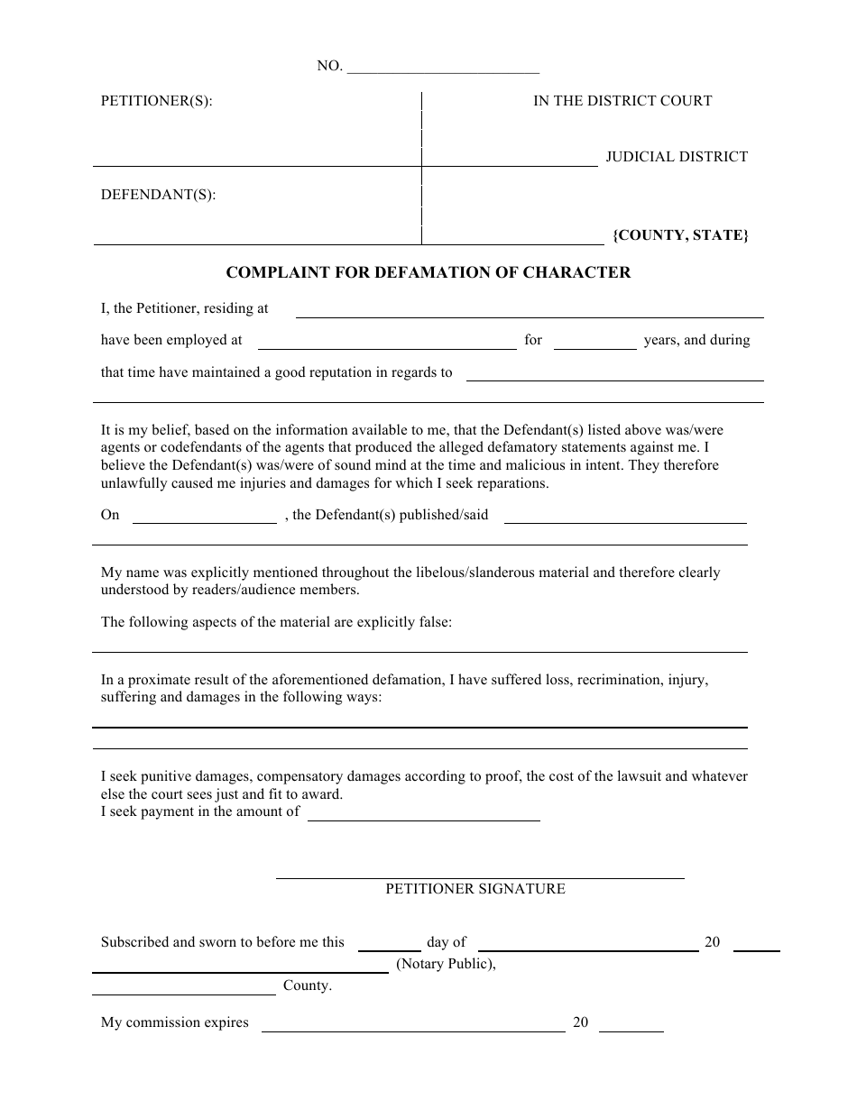 Complaint for Defamation of Character Fill Out, Sign Online and