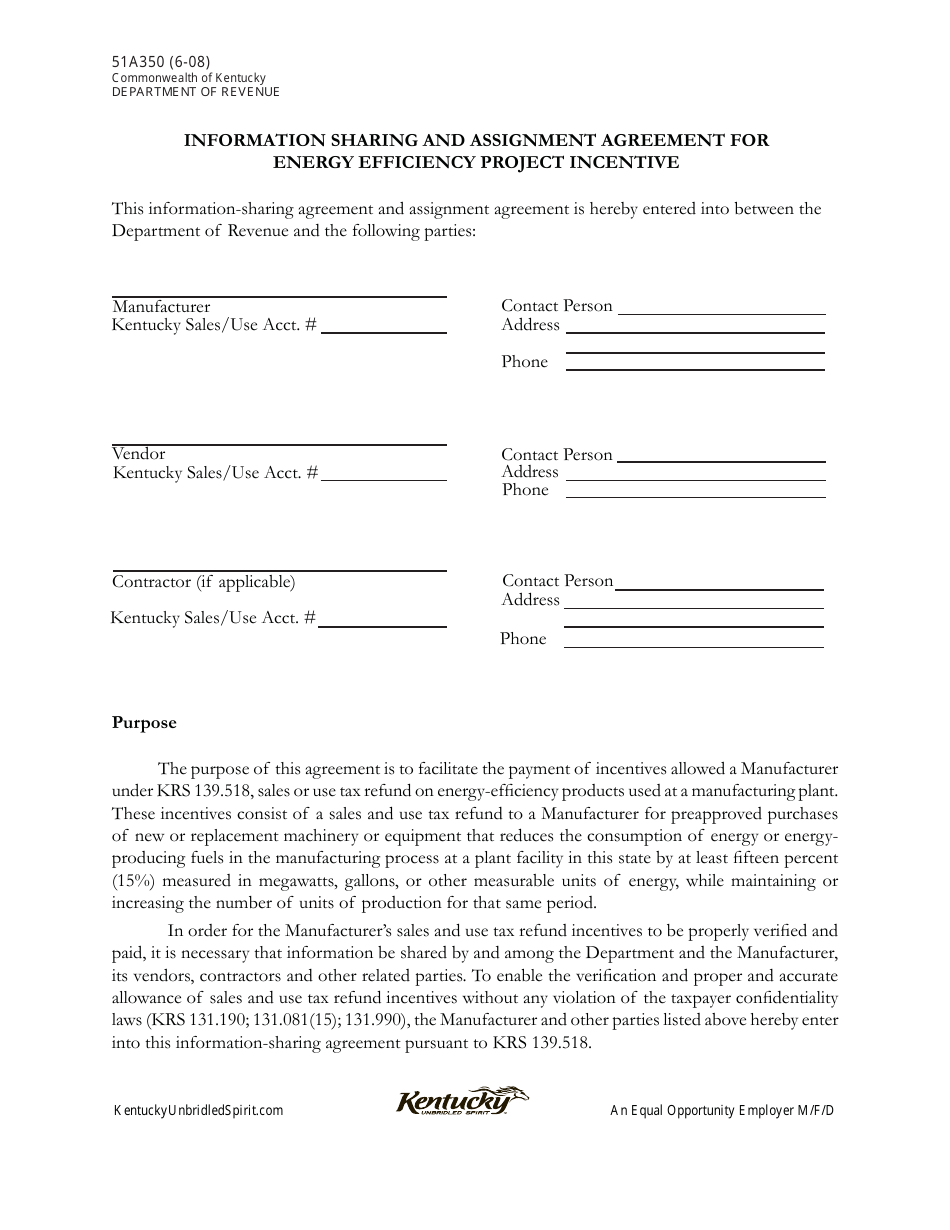 Form 51A350 Information Sharing and Assignment Agreement for Energy Efficiency Project Incentive - Kentucky, Page 1