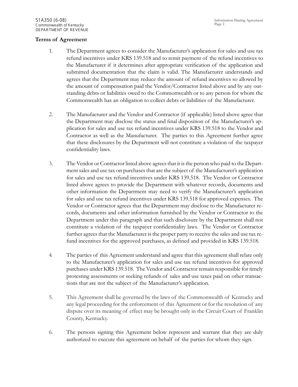 Form 51A350 Information Sharing and Assignment Agreement for Energy Efficiency Project Incentive - Kentucky, Page 2