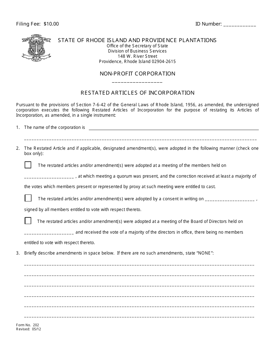 Form 202 Restated Articles of Incorporation for a Non-profit Corporation - Rhode Island, Page 2