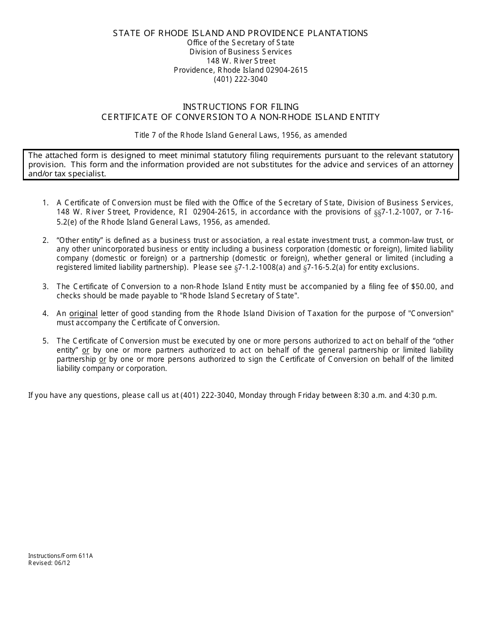 Form 611A Certificate of Conversion to a Non-rhode Island Entity - Rhode Island, Page 1