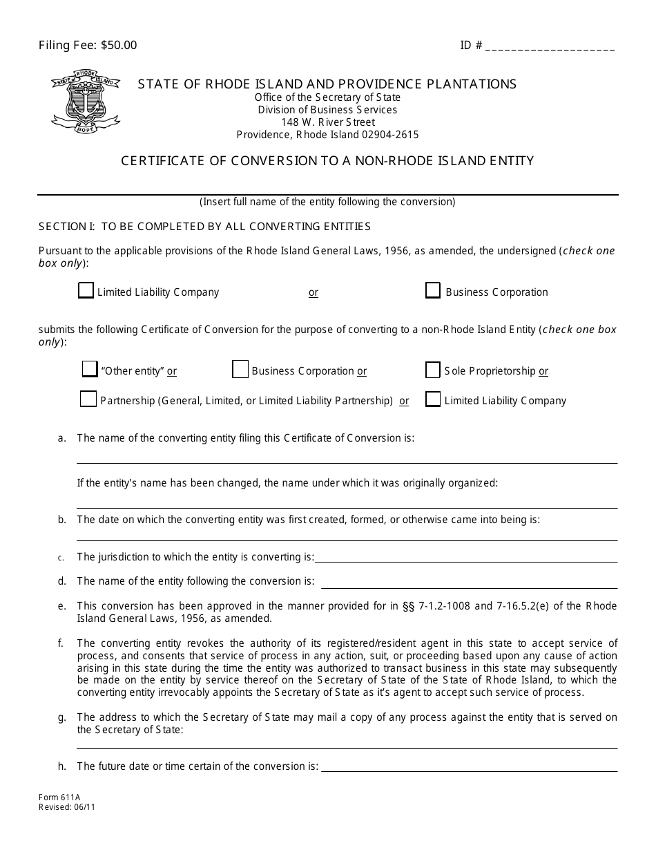 Form 611A Certificate of Conversion to a Non-rhode Island Entity - Rhode Island, Page 2
