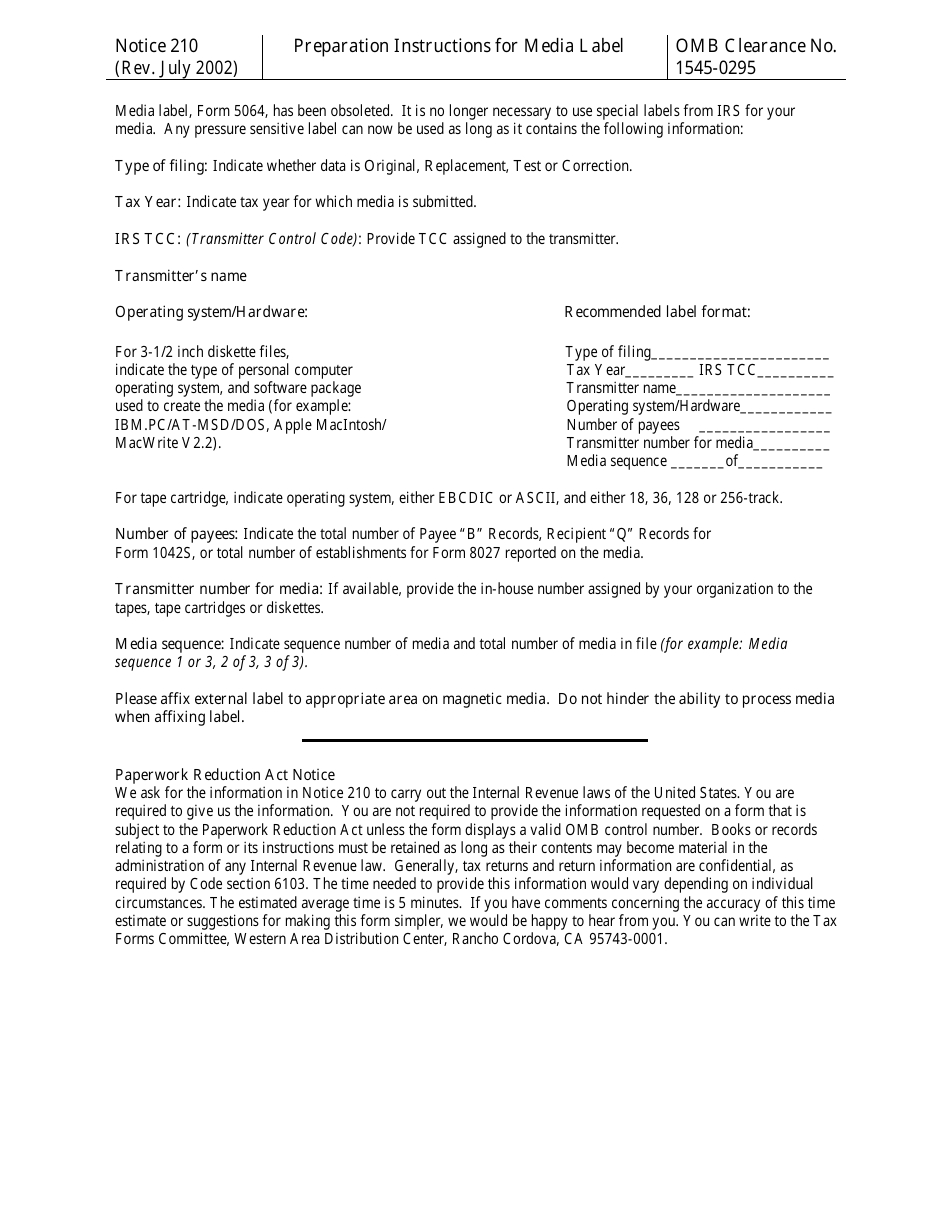 IRS Notice 210, Preparation Instructions for Media Label, Page 1