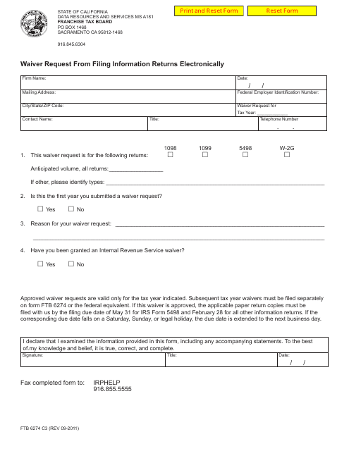 Form FTB6274 C3 Waiver Request From Filing Information Returns Electronically - California