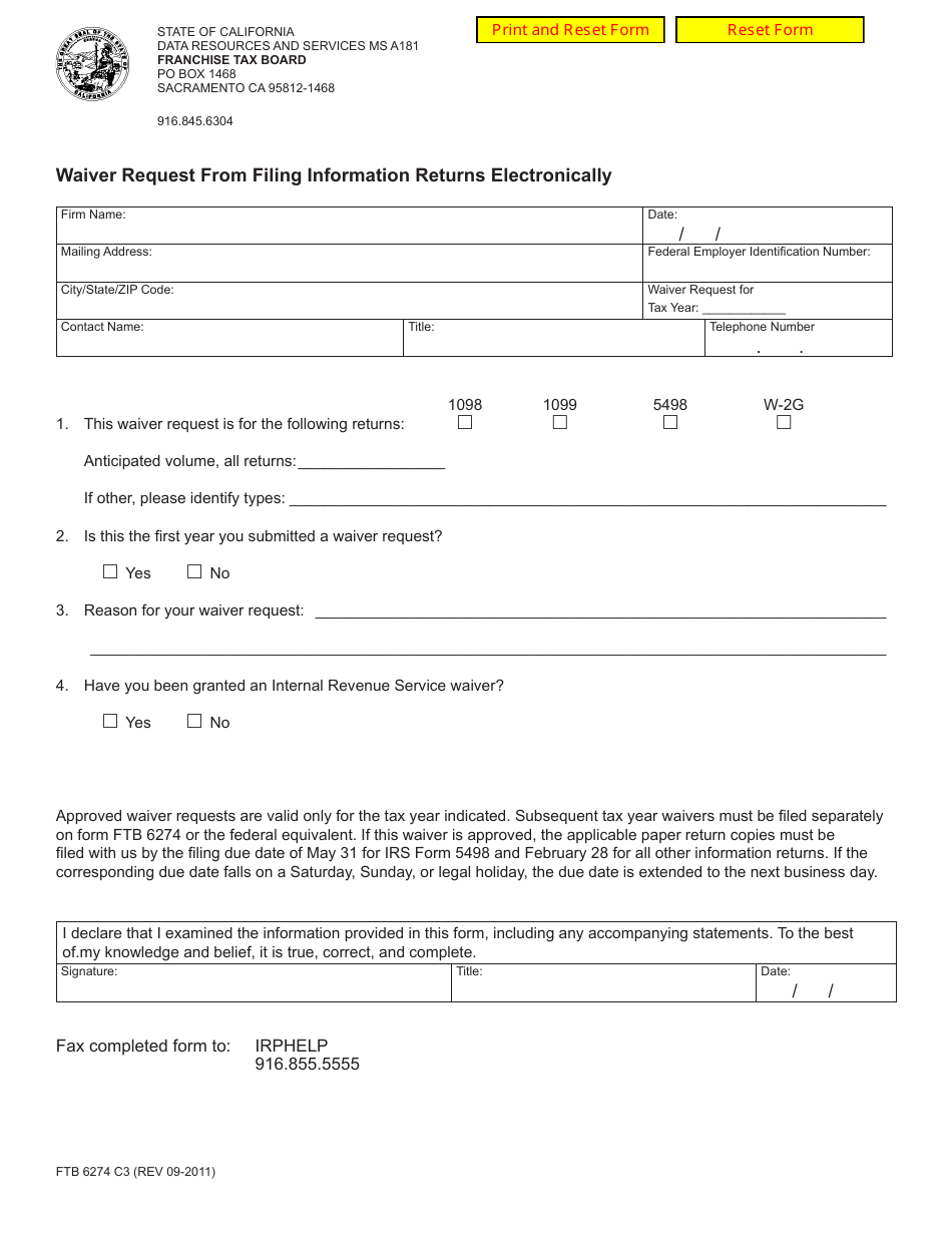 Form FTB6274 C3 Fill Out, Sign Online and Download Fillable PDF, California Templateroller