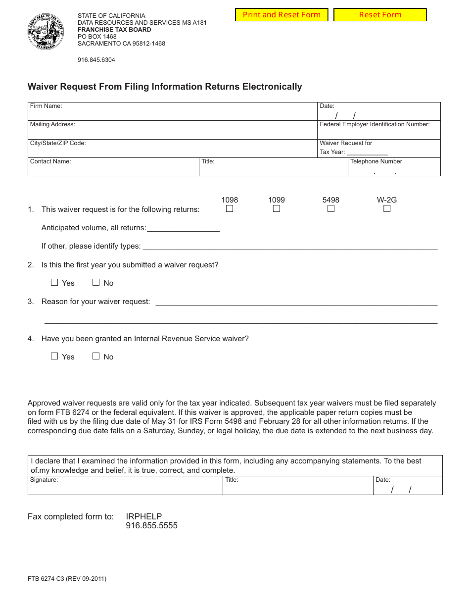 Form FTB6274 C3 Waiver Request From Filing Information Returns Electronically - California, Page 1