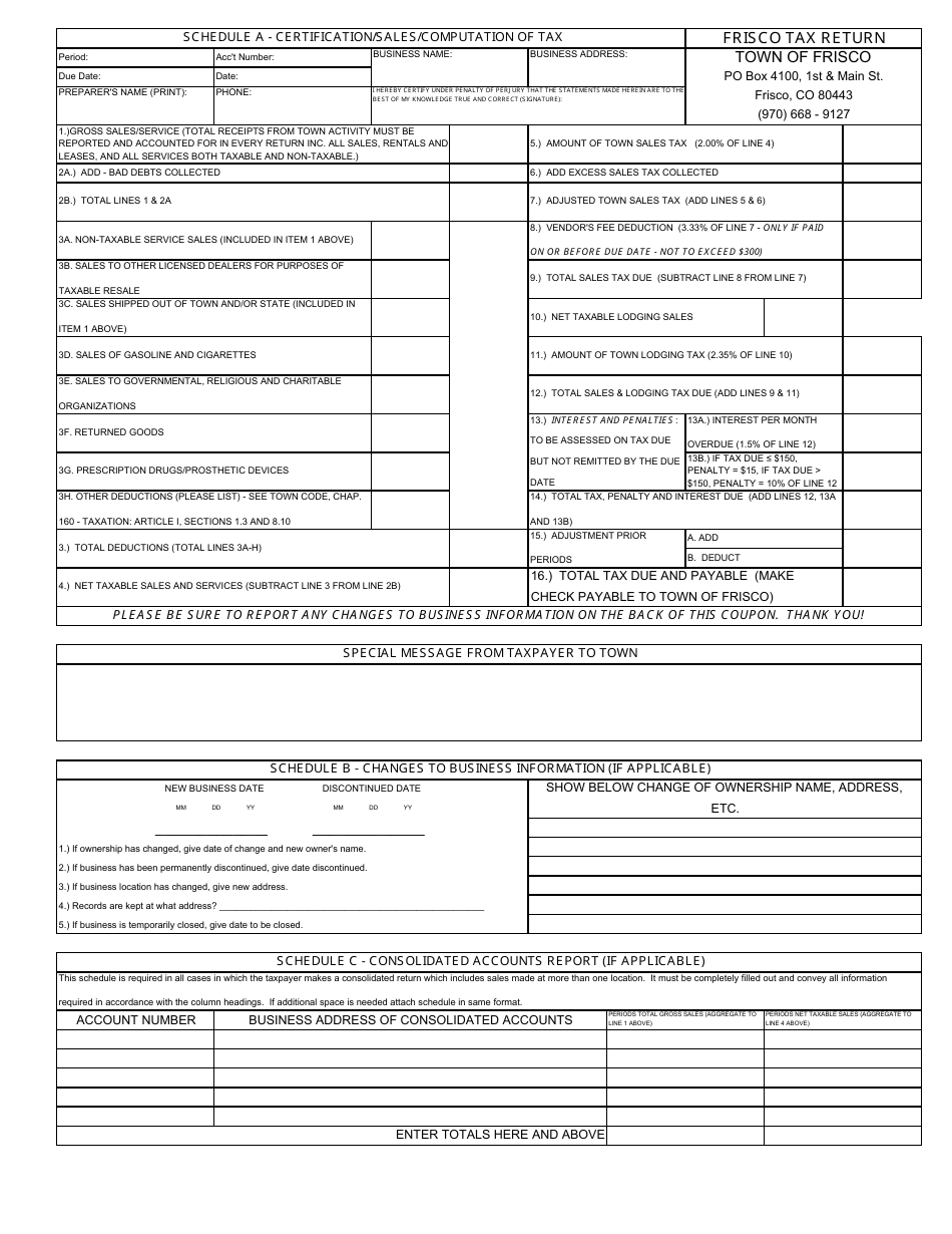 Schedule A Certification / Sales / Computation of Tax Frisco Tax Return - Town of Frisco, Colorado, Page 1