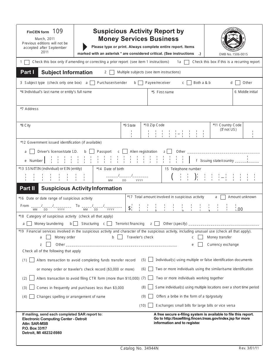 FinCEN Form 109 Suspicious Activity Report by Money Services Business, Page 1