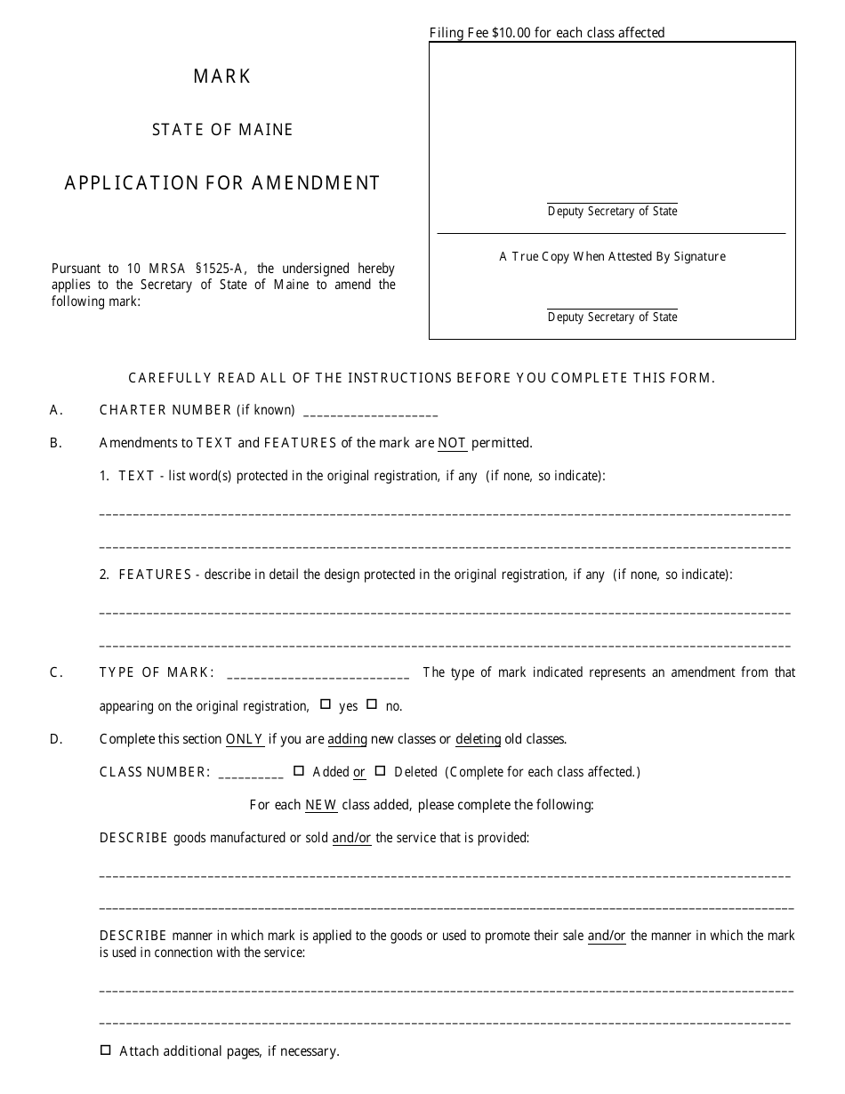 Form MARK-3 Application for Amendment - Maine, Page 1