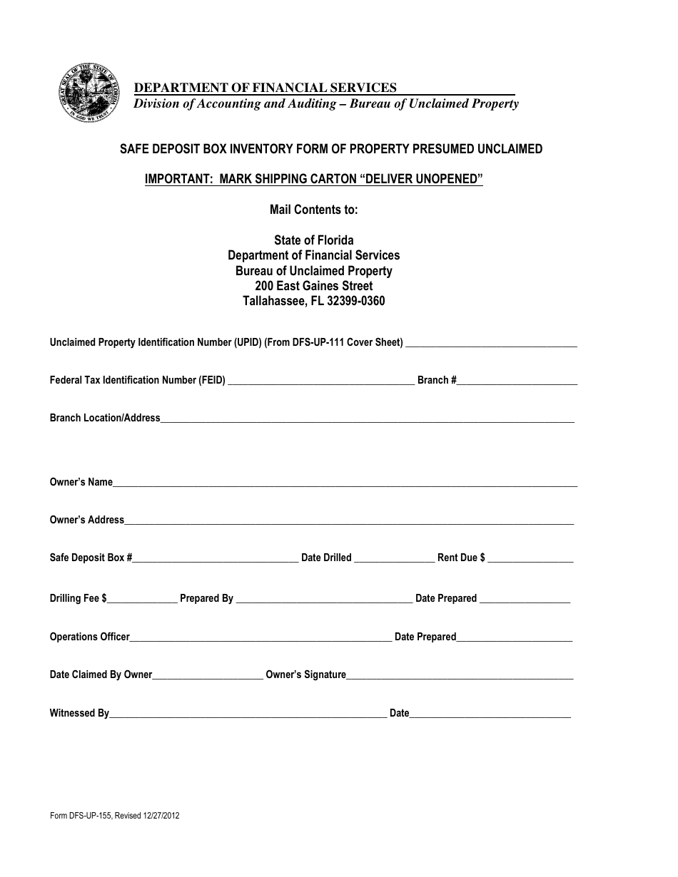 Form DFS-UP-155 Safe Deposit Box Inventory Form of Property Presumed Unclaimed - Florida, Page 1