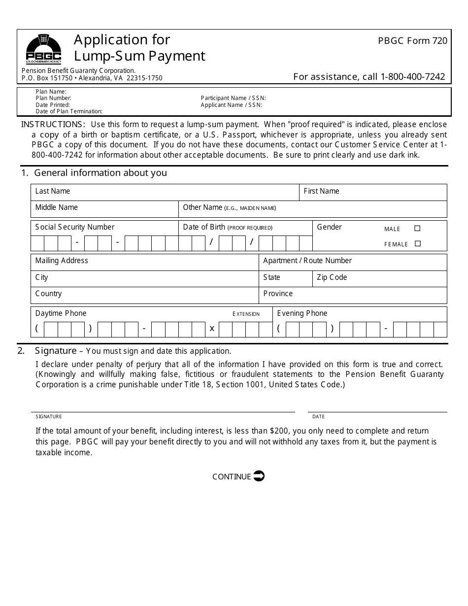 PBGC Form 720 Application for Lump-Sum Payment, Page 1