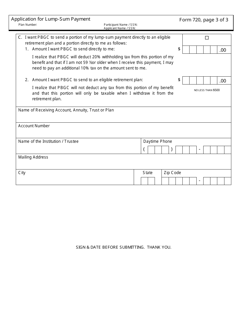 PBGC Form 720 Application for Lump-Sum Payment, Page 3