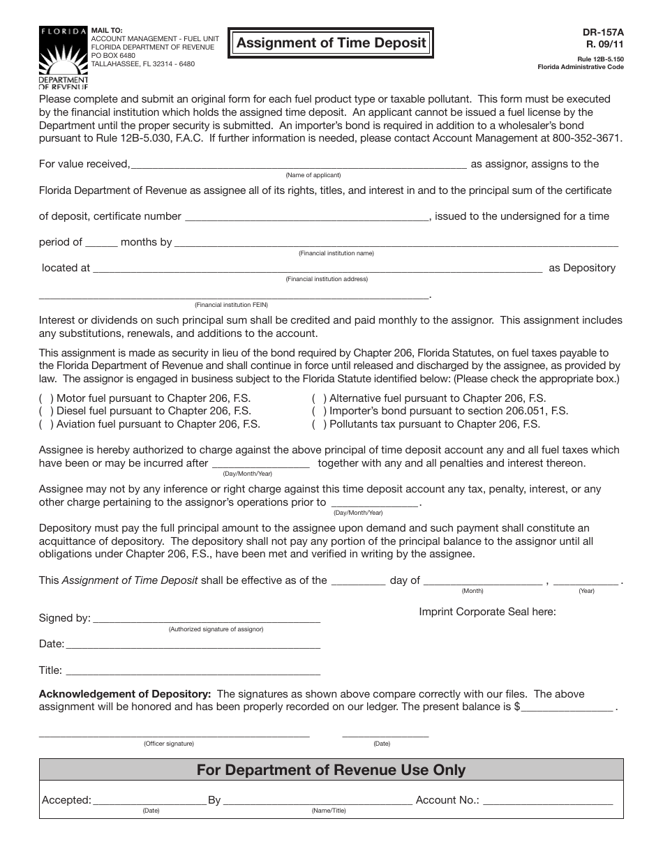 Form DR-157A Assignment of Time Deposit - Florida, Page 1