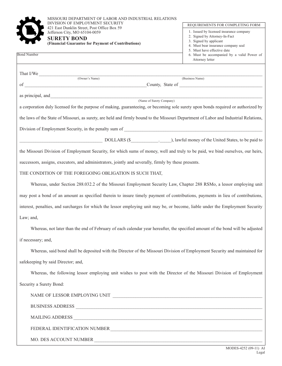 Form MODES-4252 Surety Bond (Financial Guarantee for Payment of Contributions) - Missouri, Page 1