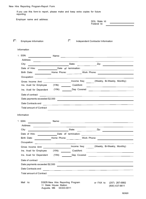 "New Hire Report Form" - Maine Download Pdf