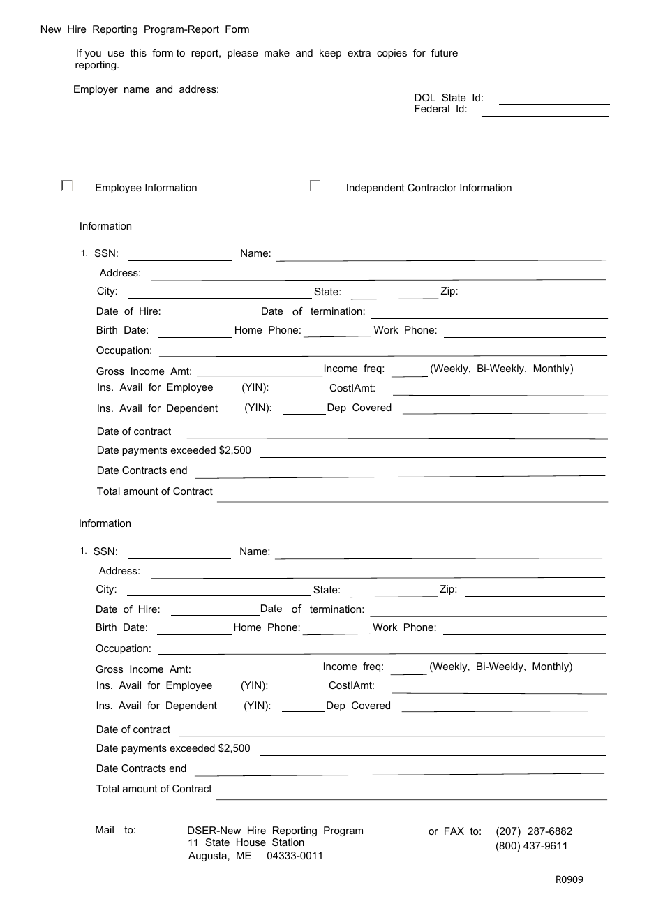 New Hire Report Form - Maine, Page 1