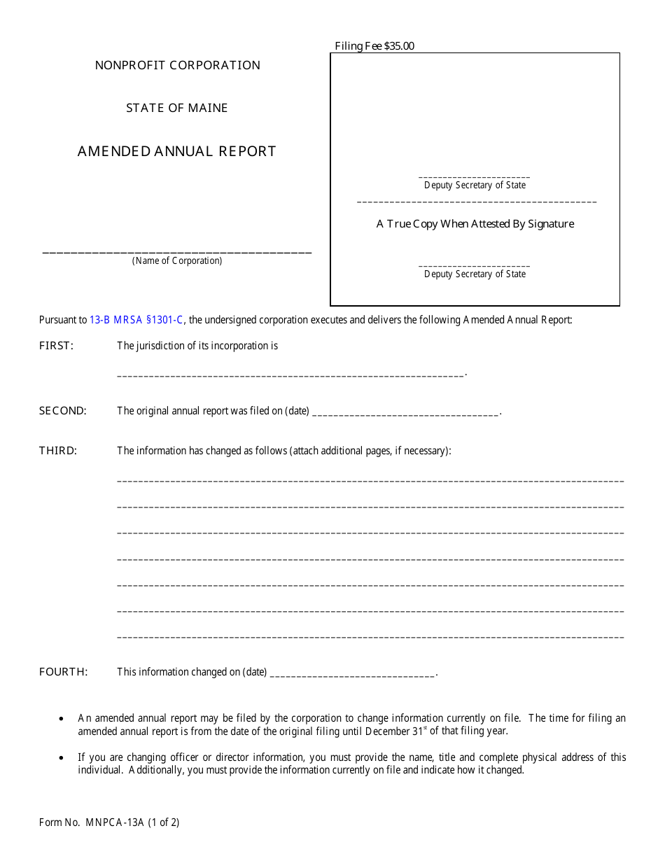 Form MNPCA-13A Nonprofit Corporation Amended Annual Report - Maine, Page 1