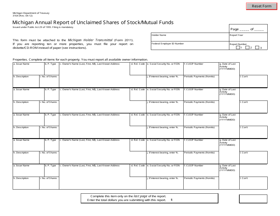 Form 3164 Michigan Annual Report of Unclaimed Shares of Stock / Mutual Funds - Michigan, Page 1