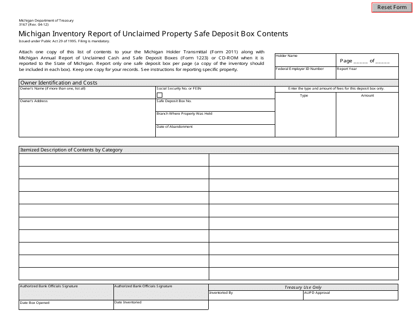Form 3167 Michigan Inventory Report of Unclaimed Property Safe Deposit Box Contents - Michigan