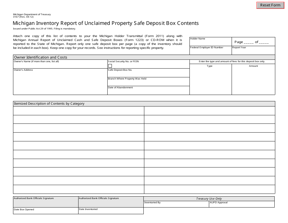 Form 3167 Michigan Inventory Report of Unclaimed Property Safe Deposit Box Contents - Michigan, Page 1