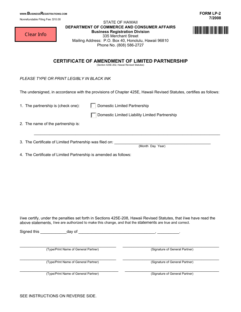 Form LP-2 Certificate of Amendment of Limited Partnership - Hawaii, Page 1
