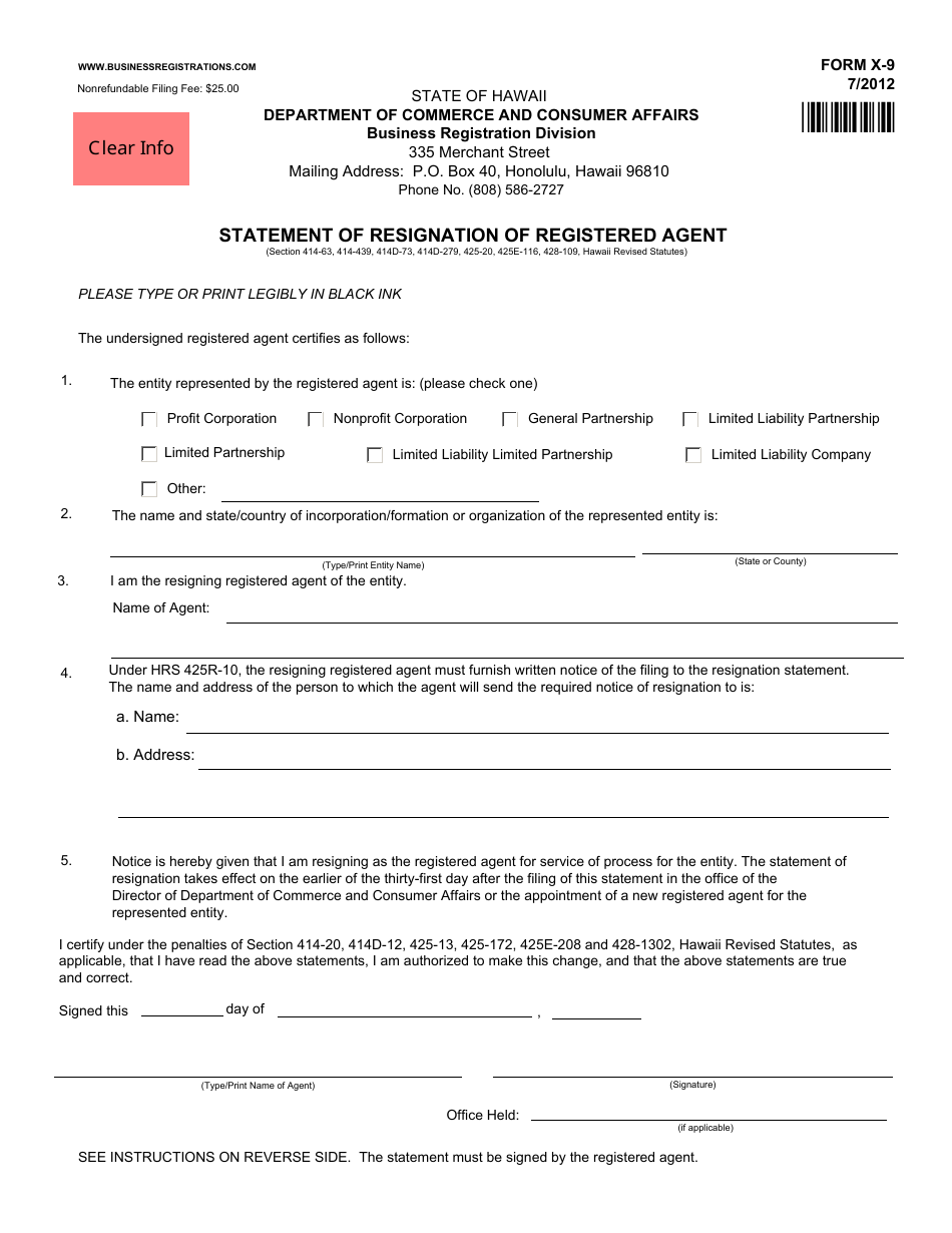 Form X-9 Statement of Resignation of Registered Agent - Hawaii, Page 1