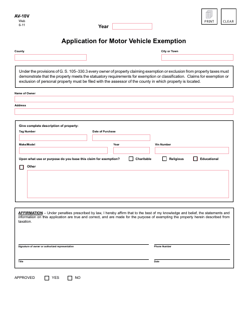 Form AV-10v Application for Motor Vehicle Exemption - North Carolina
