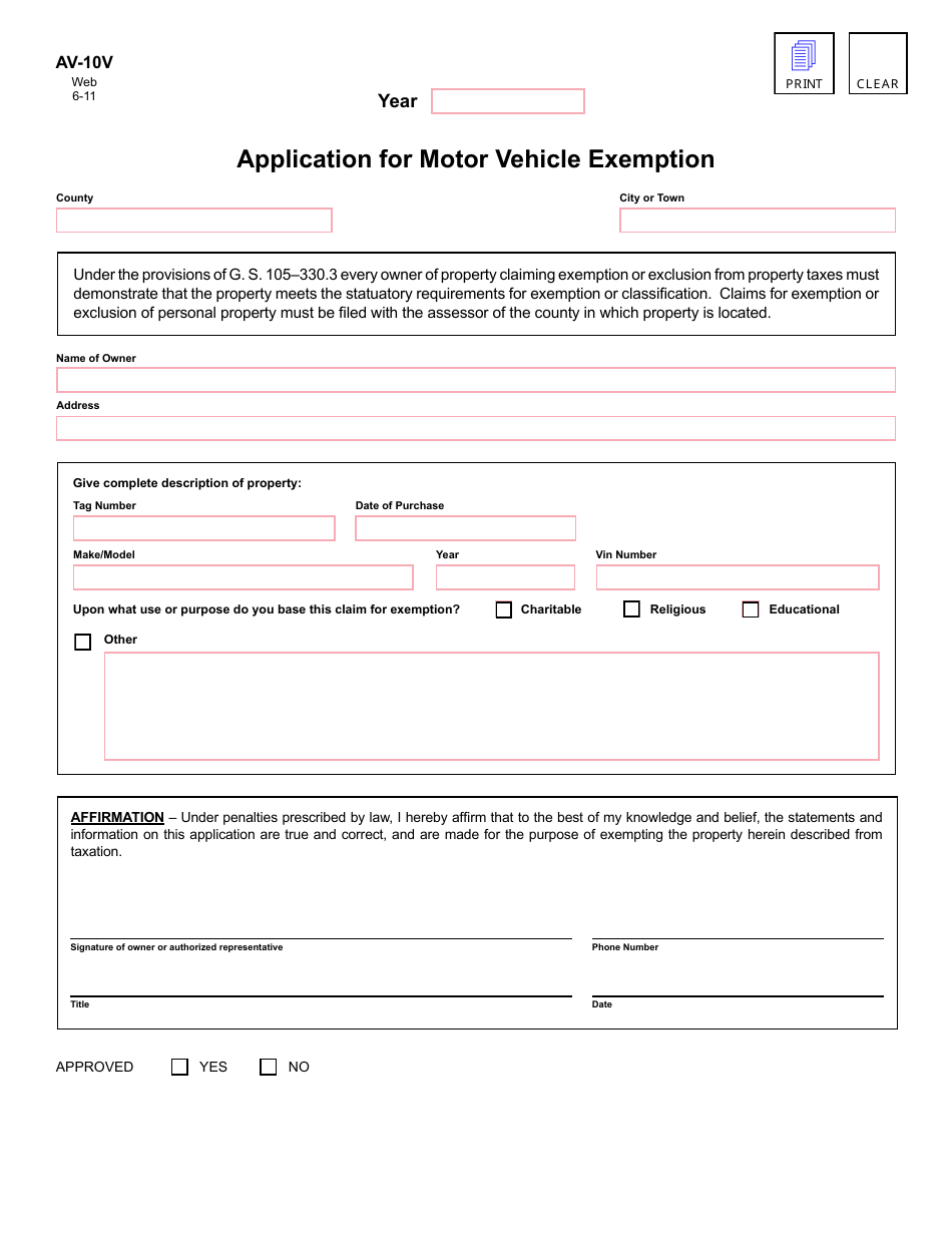 Form AV-10v Application for Motor Vehicle Exemption - North Carolina, Page 1