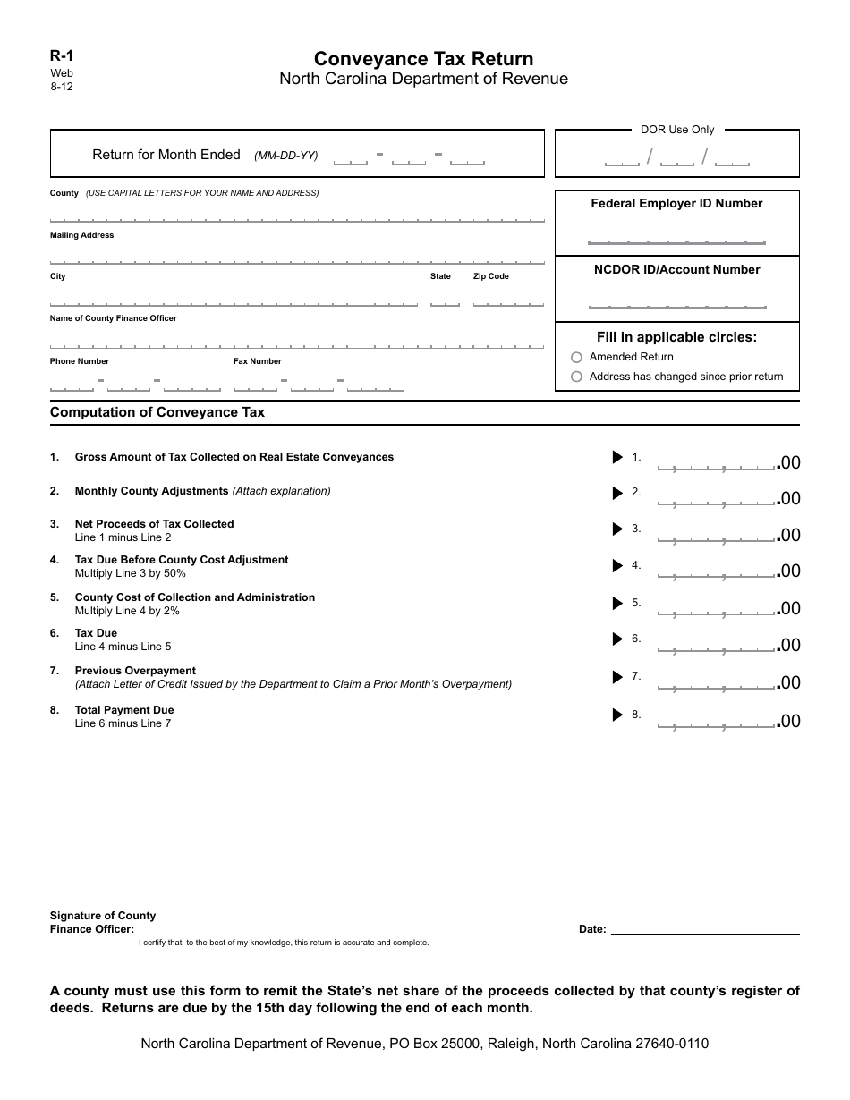 Form R-1 Conveyance Tax Return - North Carolina, Page 1