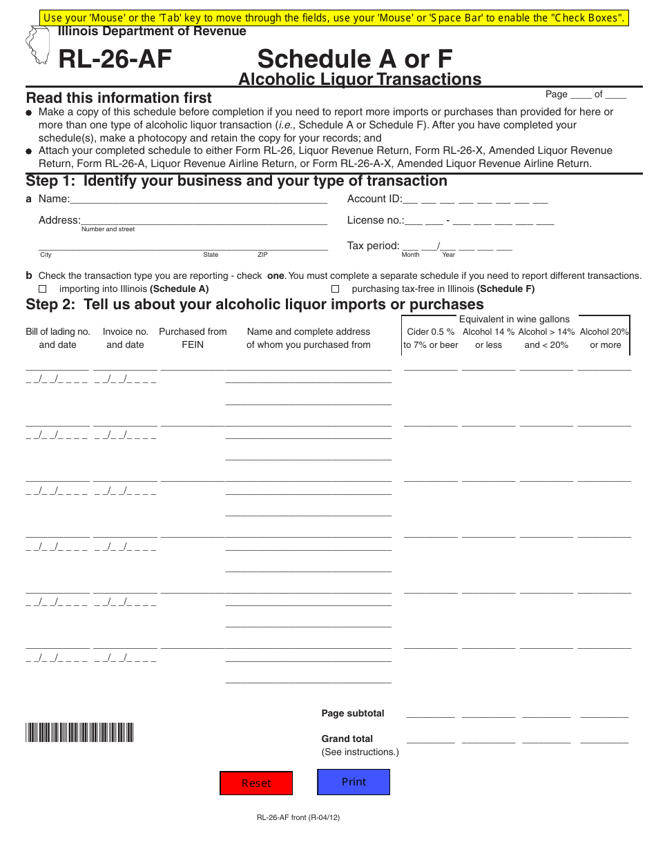 Form RL-26-AF Schedule A, F Alcoholic Liquor Transactions - Illinois, Page 1
