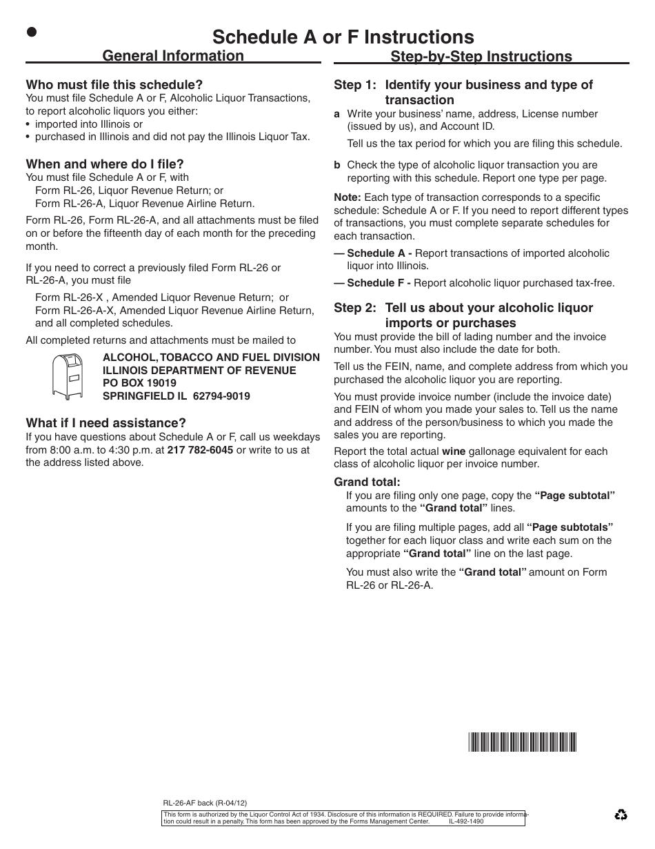 Form RL-26-AF Schedule A, F Alcoholic Liquor Transactions - Illinois, Page 2